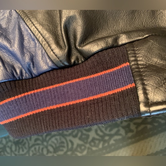 All leather “Denver Broncos” black and navy leather coat, fully lined - Picture 11 of 12